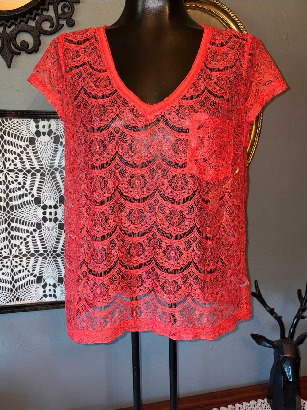 Aeropostale Coral Lace V-Neck Short Sleeve Top